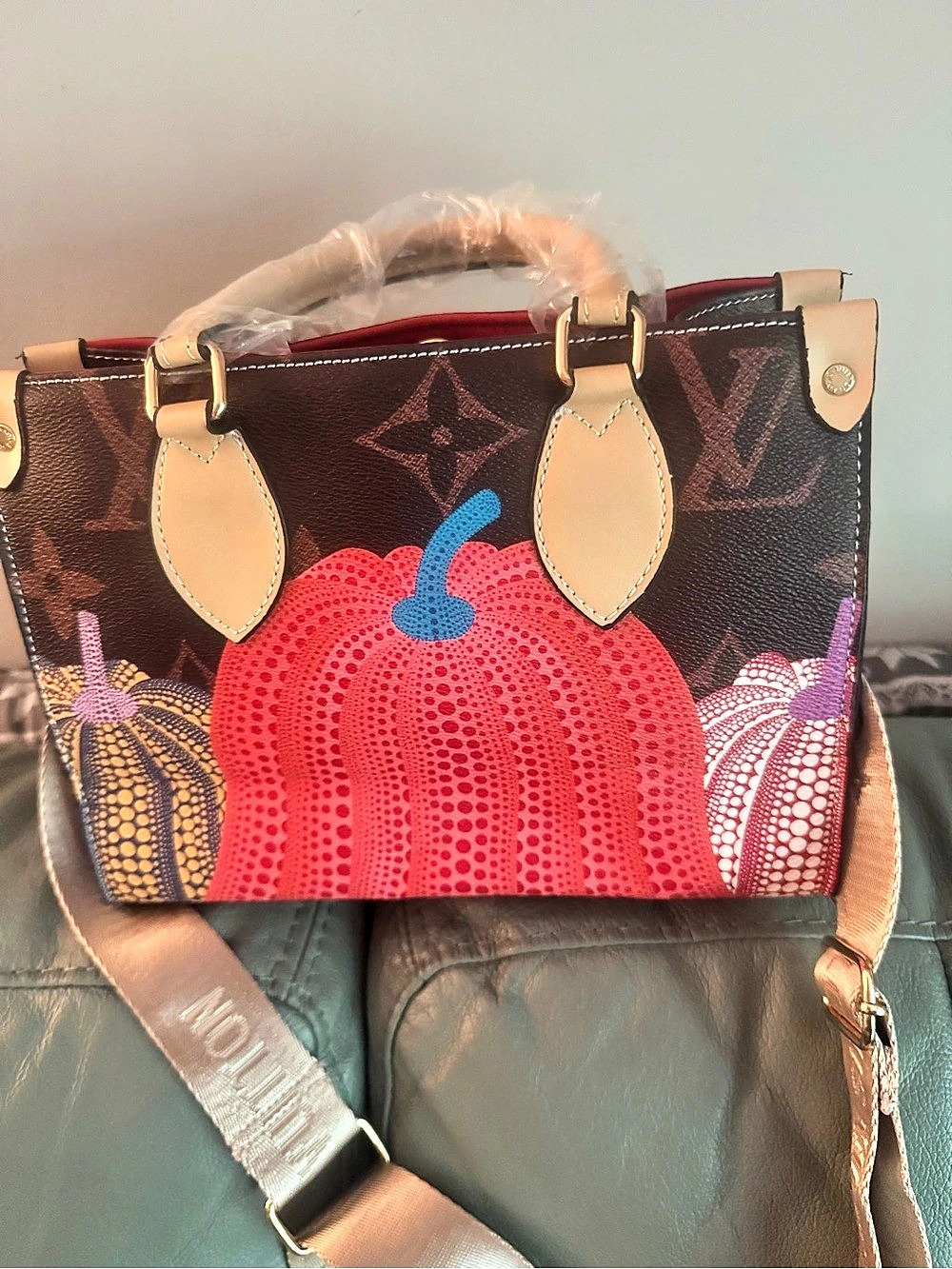 Pm size on the go with gorgeous pumpkins with  Monogram Tote in Brown & Red Like